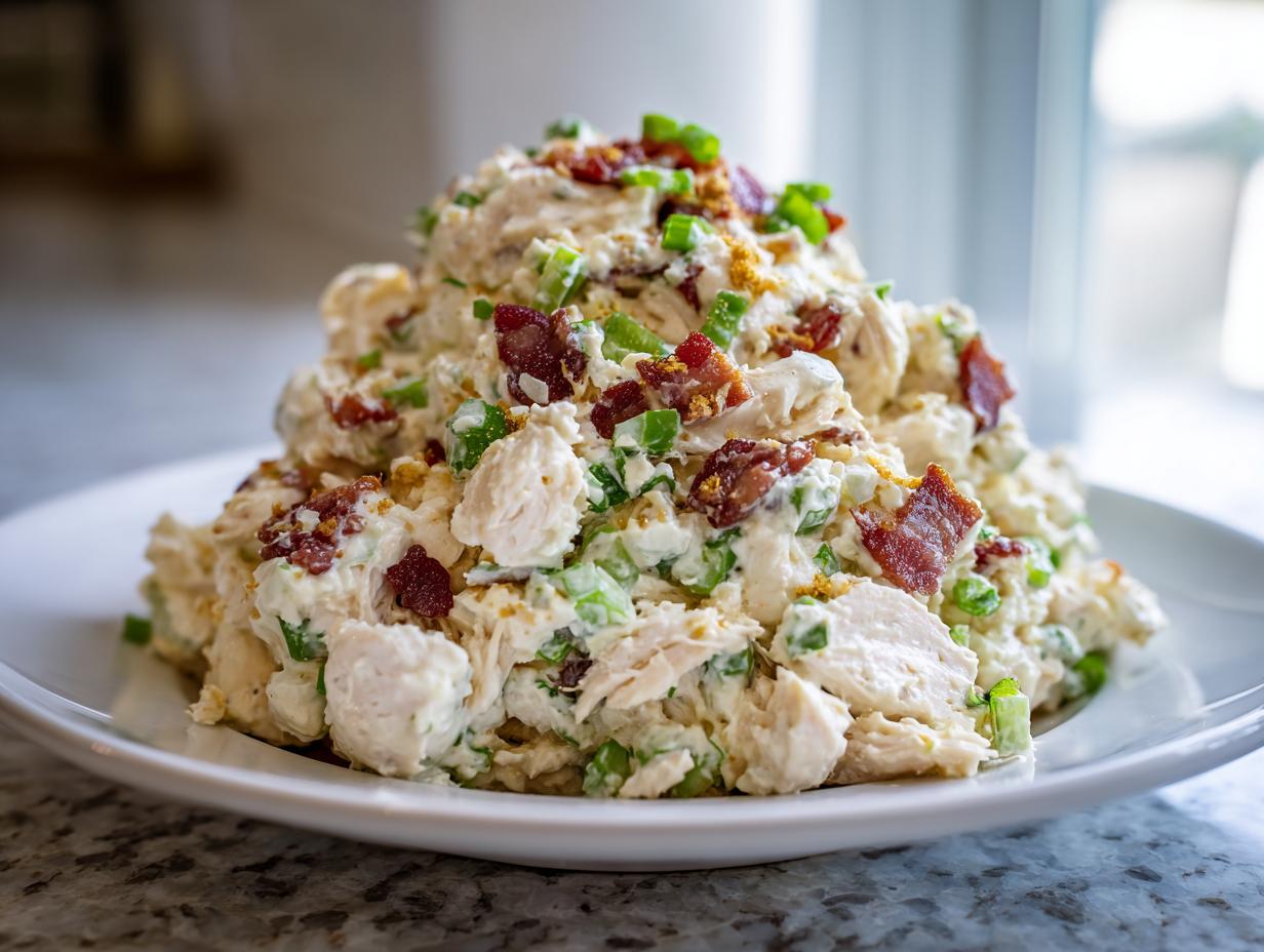 A mound of creamy jalapeno popper chicken salad topped with bacon bits and green onions on a white plate.