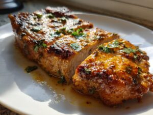 Close-up of juicy, glazed pork chops, sliced to show the interior, topped with fresh parsley.