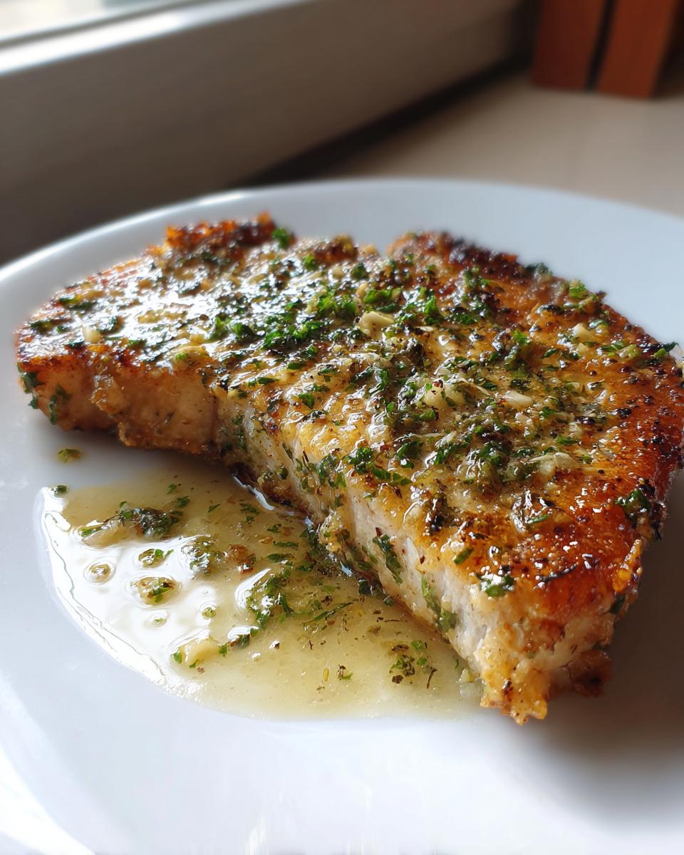 Close-up of a perfectly seared, juicy pork chop drizzled with a garlic herb butter sauce.