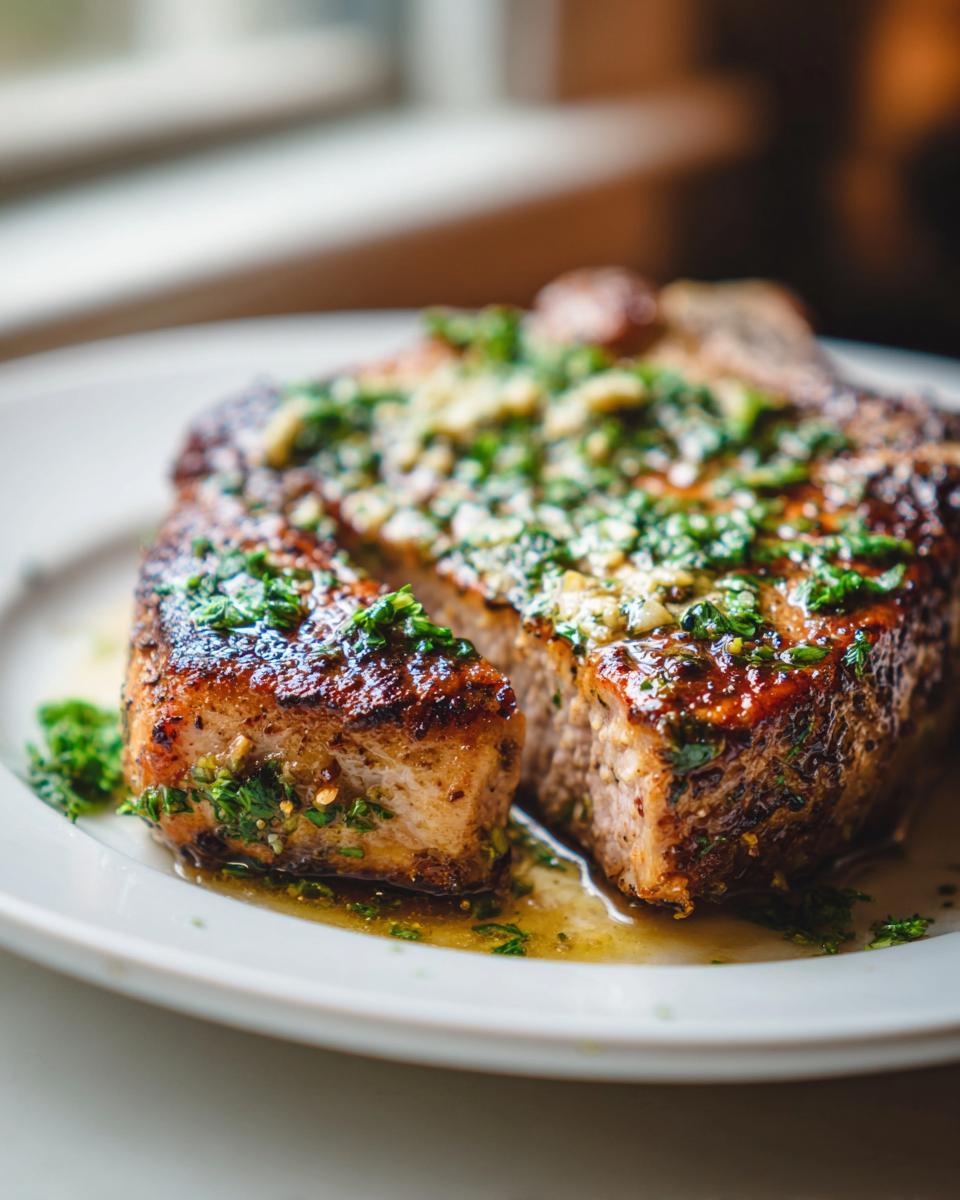 Close-up of thick, juicy pork chops, sliced open and topped with melted garlic herb butter.