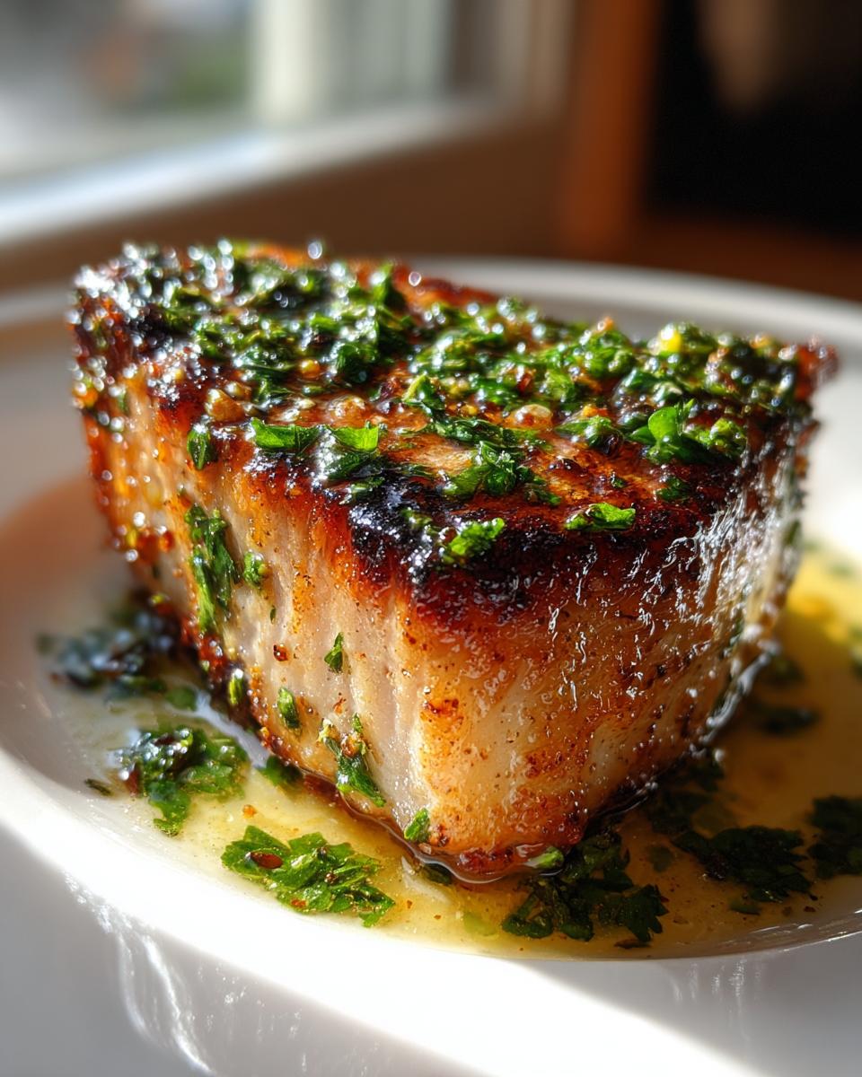 Close-up of a thick, perfectly seared pork chop topped with bright green herbs and resting in a pool of melted butter sauce.