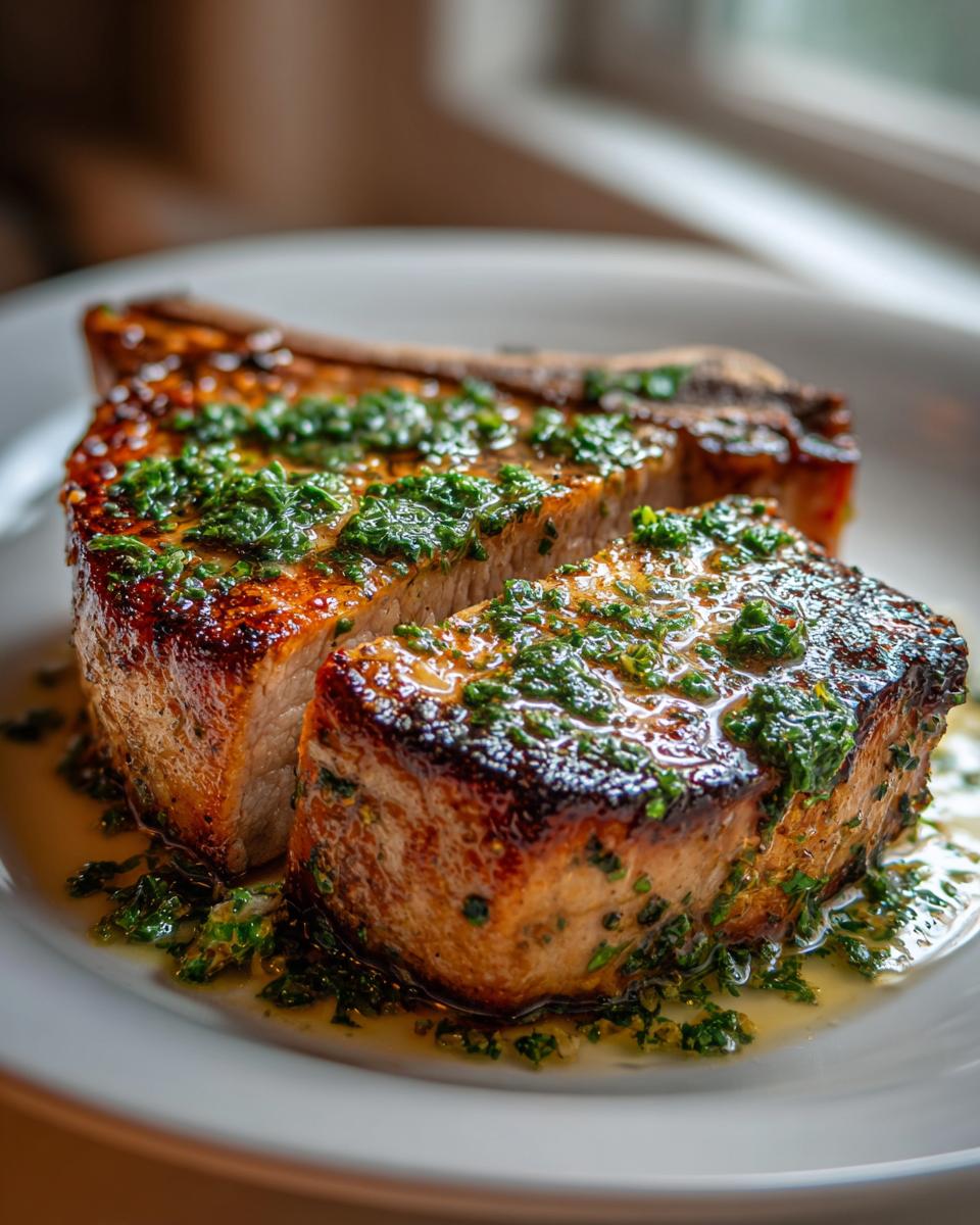 Thick, juicy pork chops, one sliced open, drizzled with a bright green herb butter sauce.