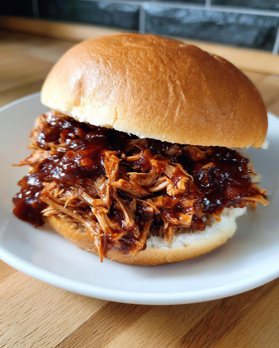 Close-up of a delicious sandwich filled with saucy pulled chicken on a soft white bun.