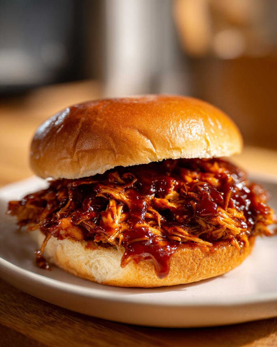 Close-up of a delicious pulled chicken sandwich dripping with BBQ sauce on a soft bun.