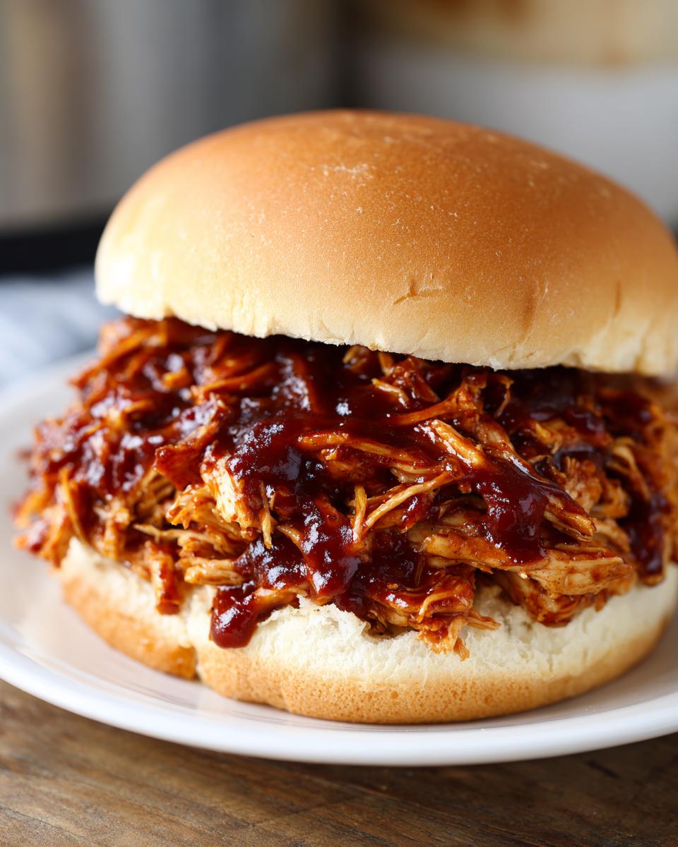 Close-up of a delicious pulled chicken sandwich smothered in barbecue sauce on a soft bun.