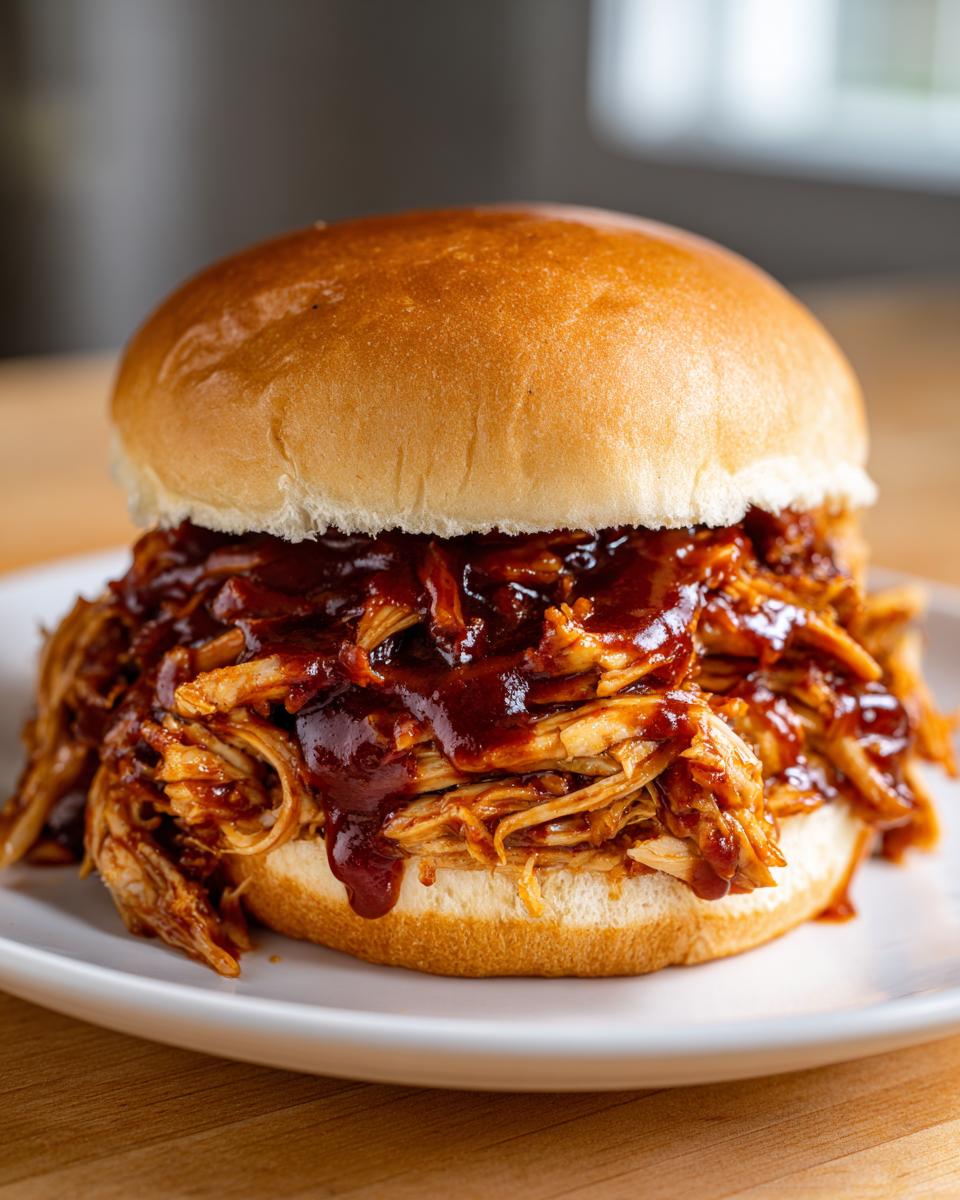 Close-up of a delicious pulled chicken sandwich smothered in BBQ sauce on a soft bun.
