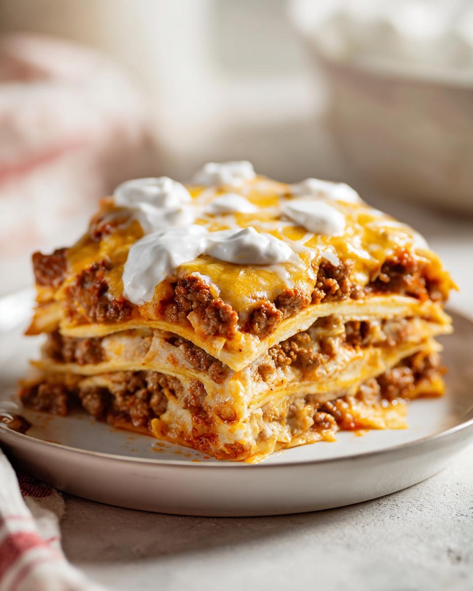 A thick, layered slice of taco pie featuring seasoned ground beef, melted cheese, and dollops of sour cream.