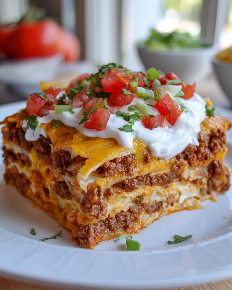 A square slice of layered taco pie featuring seasoned beef, cheese, sour cream, diced tomatoes, and green onions.