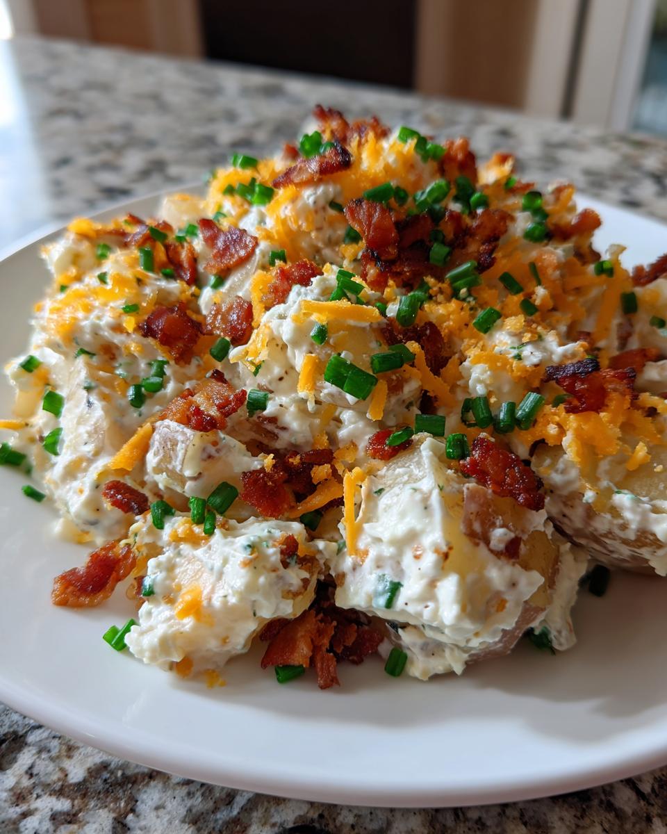 A close-up of loaded baked potato salad topped generously with bacon bits, shredded cheddar cheese, and fresh chives.
