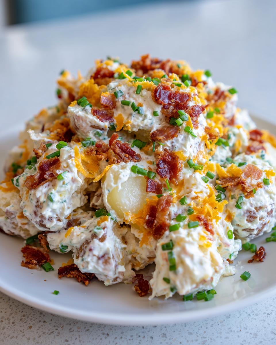 A generous serving of creamy baked potato salad topped with crispy bacon bits, shredded cheddar cheese, and fresh chives.