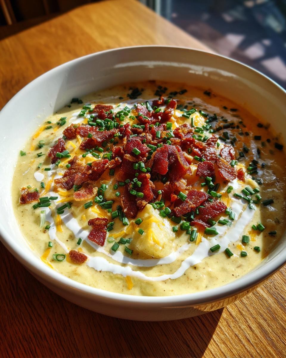 A creamy bowl of loaded baked potato soup garnished heavily with crispy bacon, shredded cheese, sour cream swirls, and fresh chives.