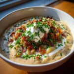 A creamy bowl of loaded baked potato soup topped with sour cream, crispy bacon bits, and fresh chives.