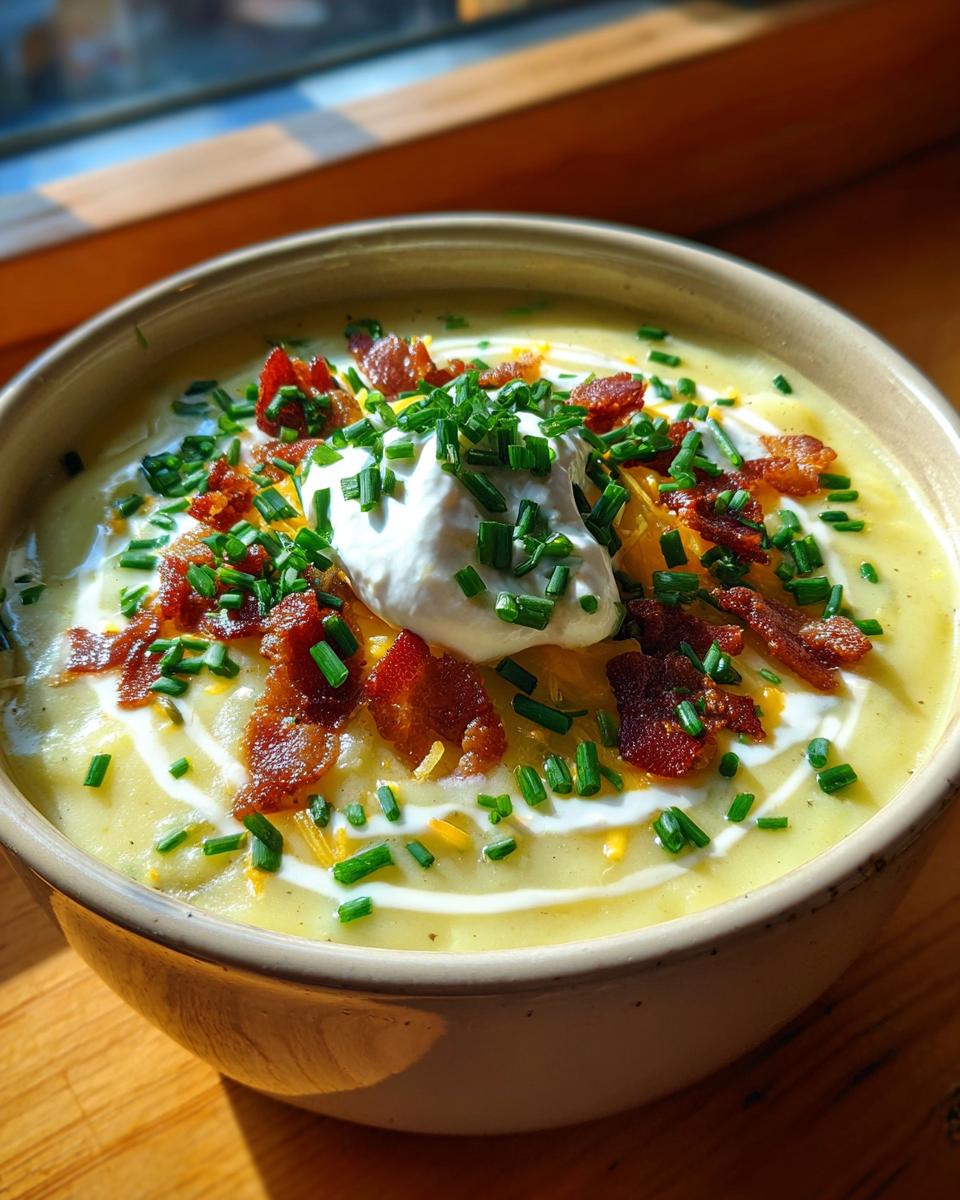 A close-up of creamy loaded baked potato soup topped with sour cream, bacon bits, shredded cheese, and fresh chives.