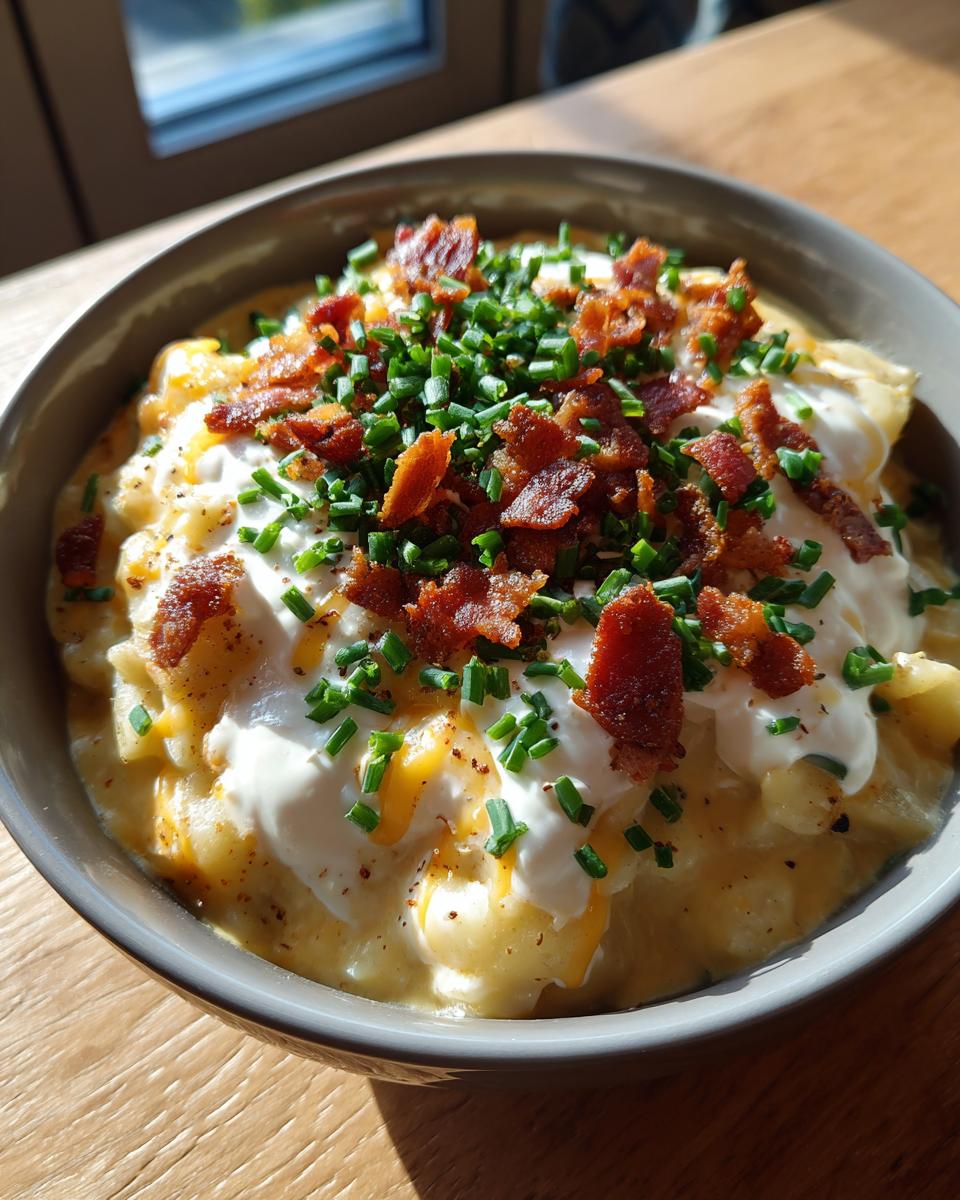 A close-up of a bowl of thick loaded baked potato soup topped generously with sour cream, bacon bits, and fresh chives.