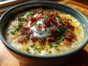 A creamy bowl of loaded baked potato soup topped with sour cream, crispy bacon bits, shredded cheese, and fresh chives.