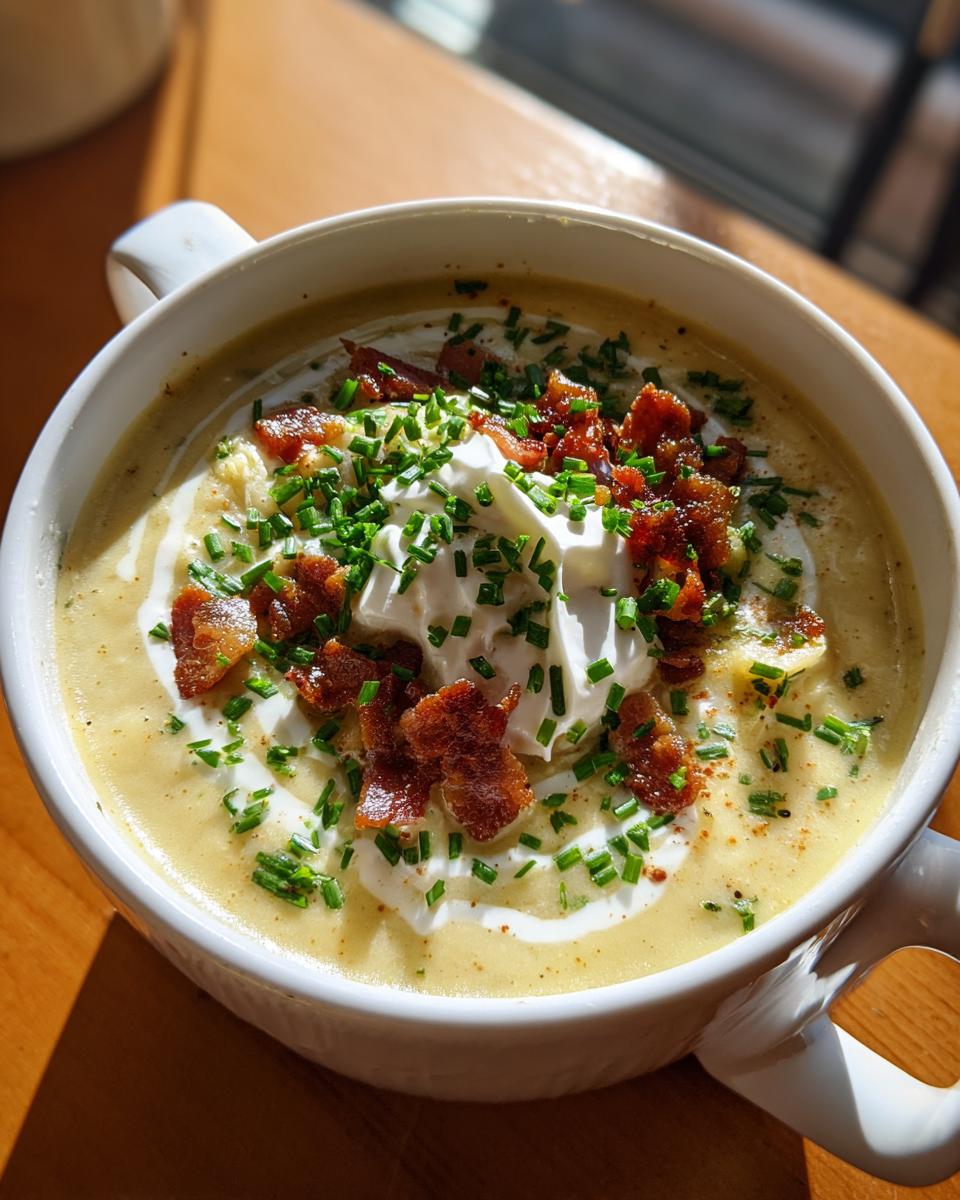 A creamy bowl of loaded baked potato soup topped generously with sour cream, crispy bacon bits, and fresh chives.