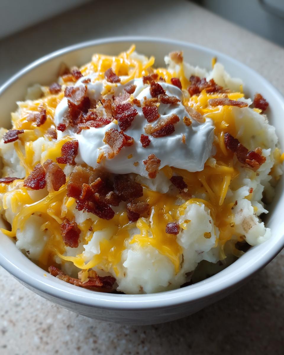 A bowl of thick, loaded creamy potato soup topped with shredded cheese, sour cream, and bacon bits.