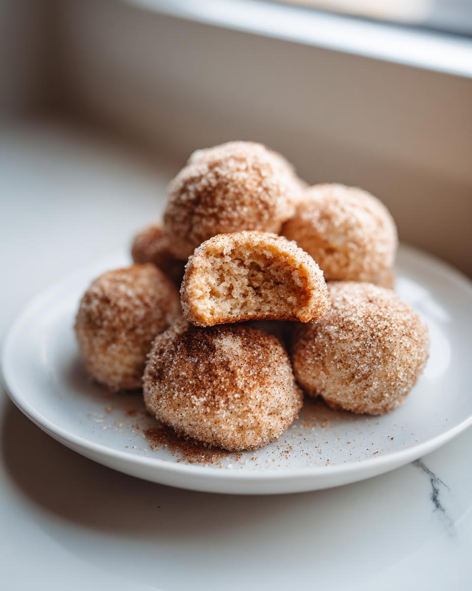 A stack of soft cinnamon sugar snowball cookies on a white plate, one cookie is broken open to show the texture.