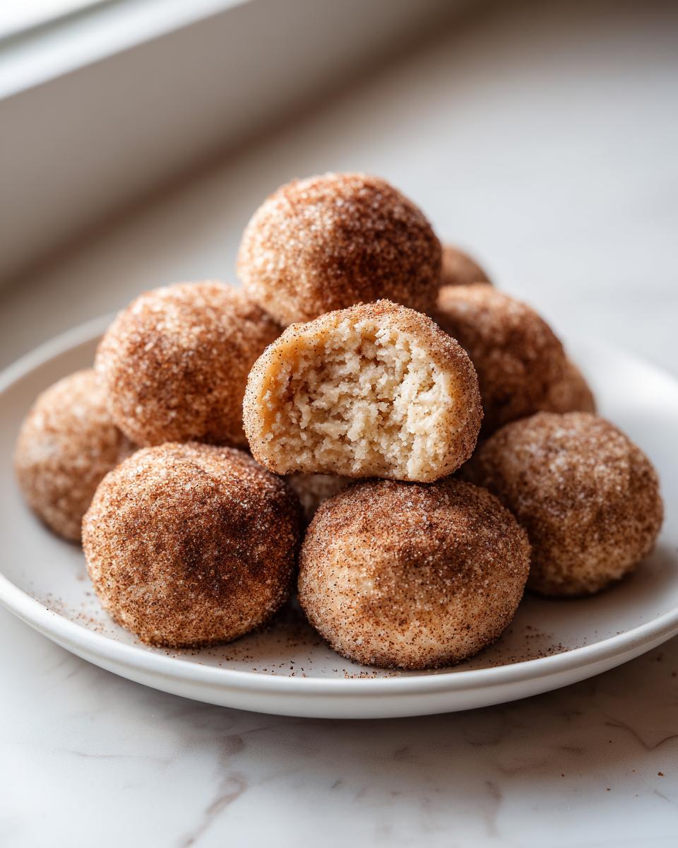 A stack of soft, round cinnamon sugar snowball cookies, one broken open to show the texture.