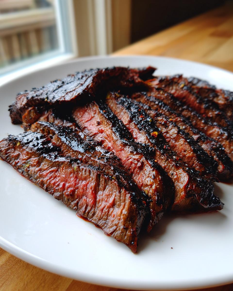 Close-up of perfectly grilled and sliced skirt steak showing a medium-rare center.