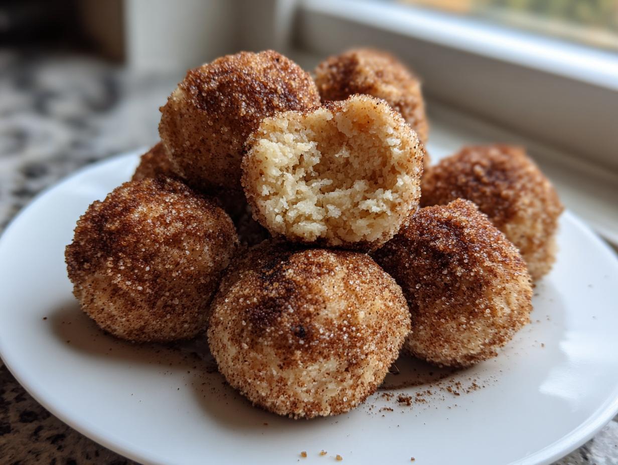 A stack of melt-in-your-mouth cinnamon sugar snowball cookies on a white plate, one broken open.