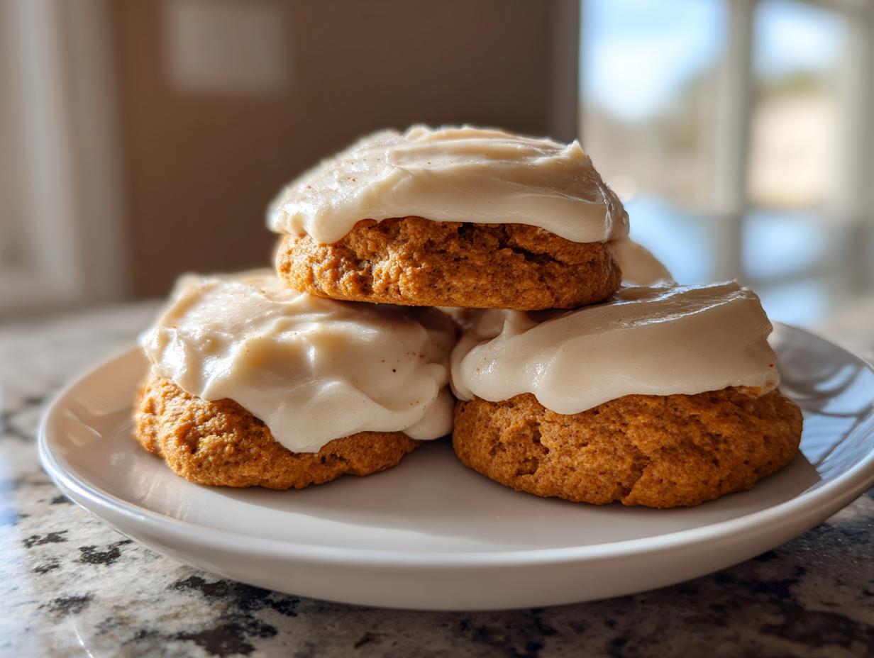 A stack of three soft, orange pumpkin cookie treats topped generously with thick cream cheese frosting.