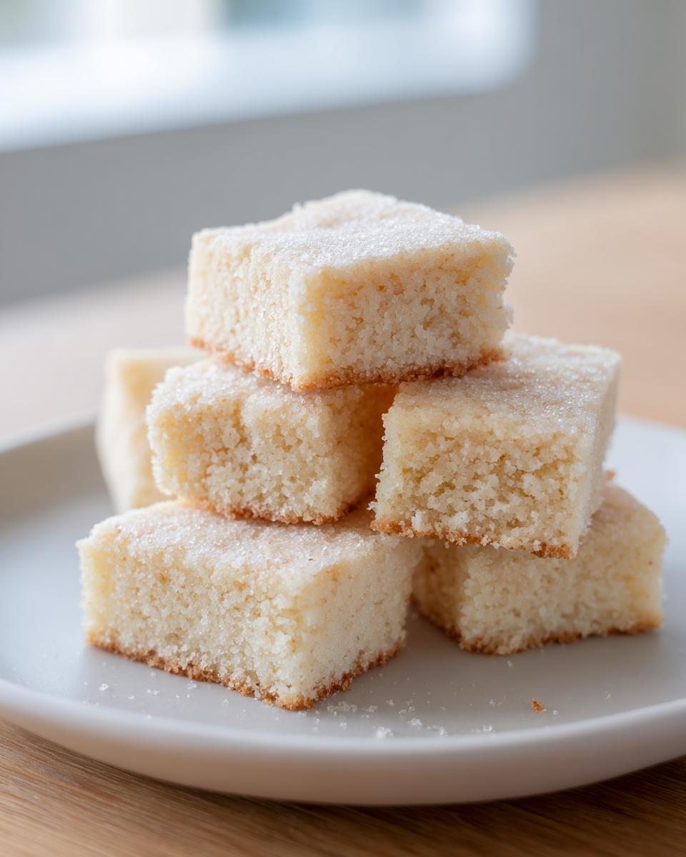 A stack of buttery, square shortbread cookies topped with granulated sugar, ready to melt in your mouth.