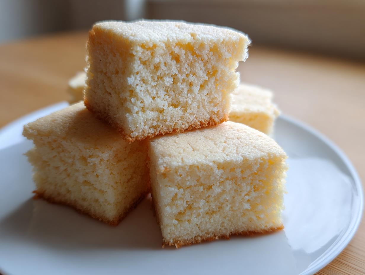 Close-up of light, buttery squares, possibly shortbread cookies, stacked on a white plate.