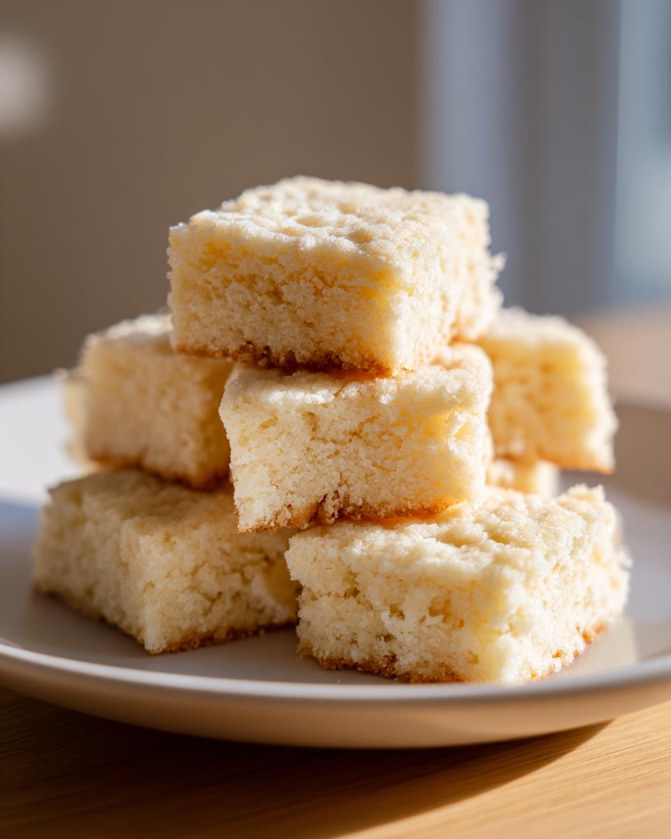 A stack of five buttery, square-cut shortbread cookies piled high on a white plate.