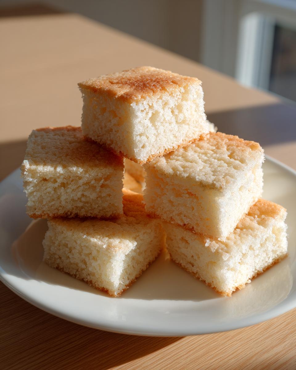 A stack of five light, crumbly squares of shortbread cookies on a white plate.