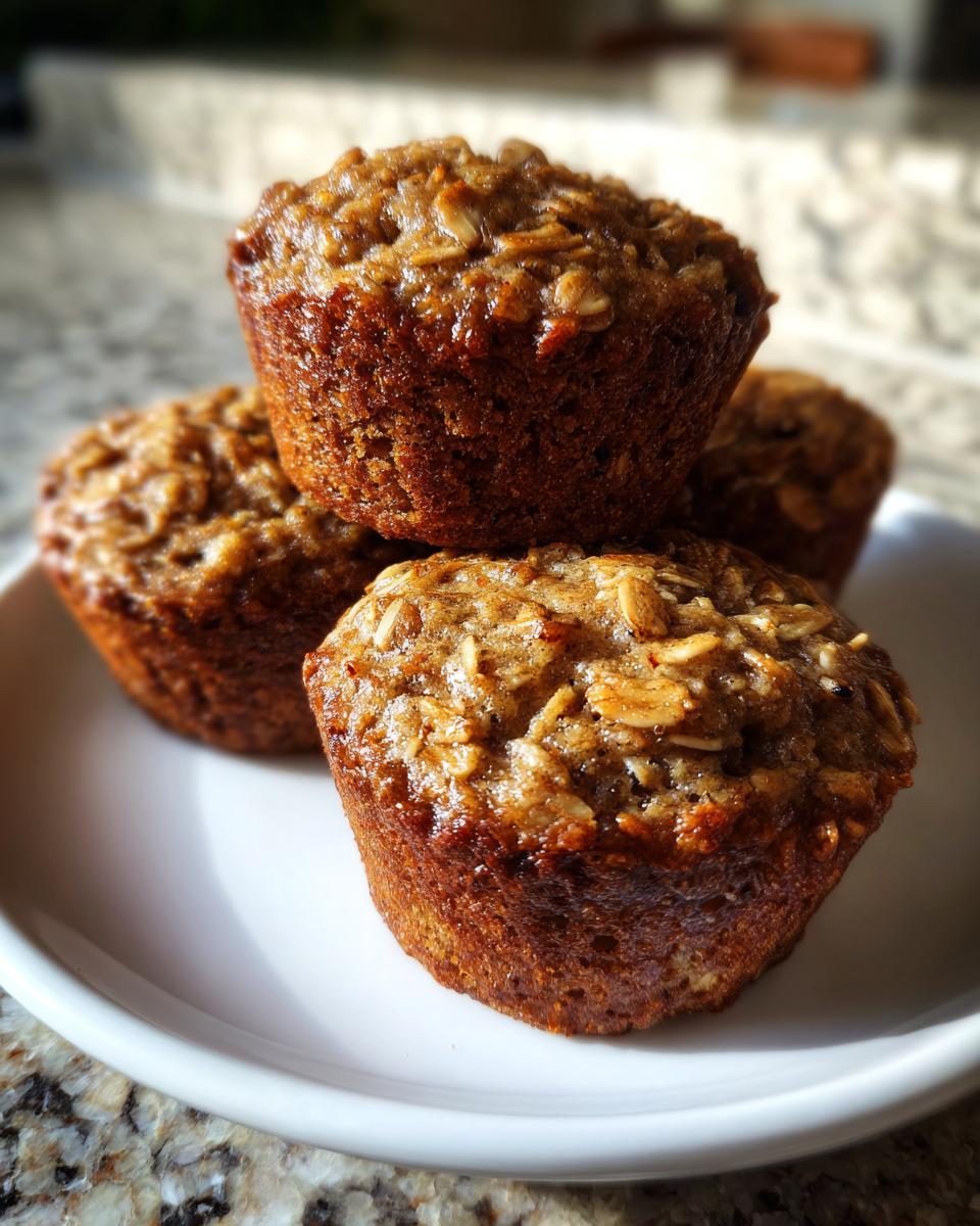 A stack of four moist banana oatmeal muffins topped with visible rolled oats on a white plate.