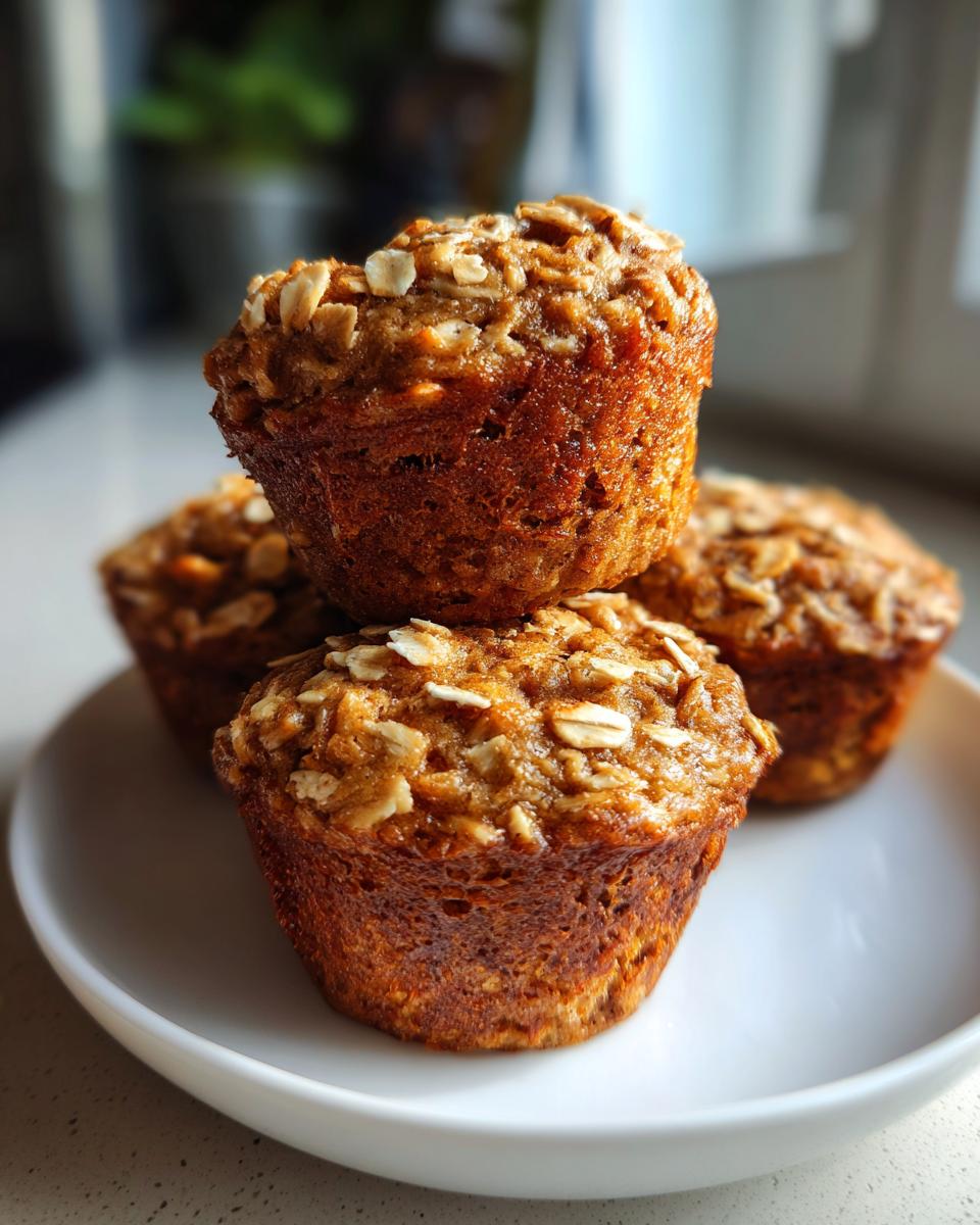 Close-up of moist banana oatmeal muffins stacked on a white plate, topped with visible rolled oats.