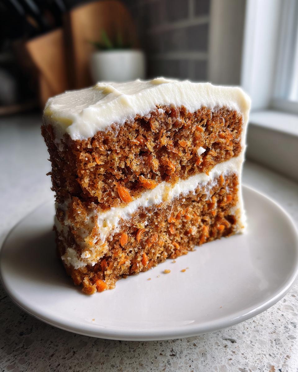 Close-up of a moist, two-layer slice of carrot cake topped with thick cream cheese frosting.