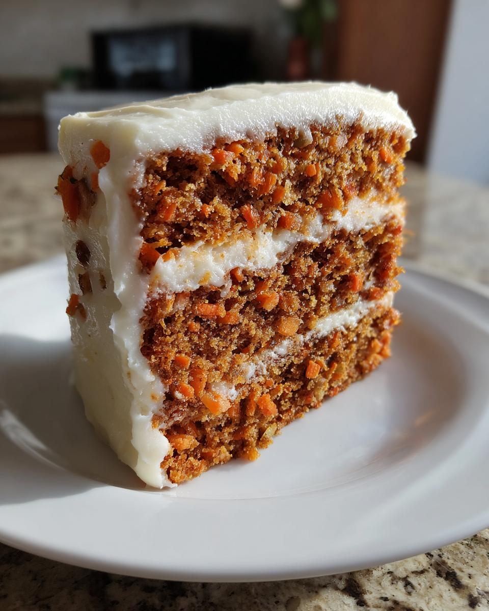 Close-up of a moist, three-layer slice of carrot cake generously covered in white cream cheese frosting.