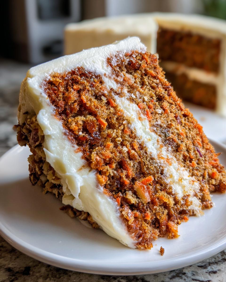 Close-up of a moist slice of carrot cake layered with thick cream cheese frosting and chopped nuts on the side.