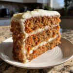 A tall, moist slice of carrot cake with visible shredded carrots and thick layers of cream cheese frosting.