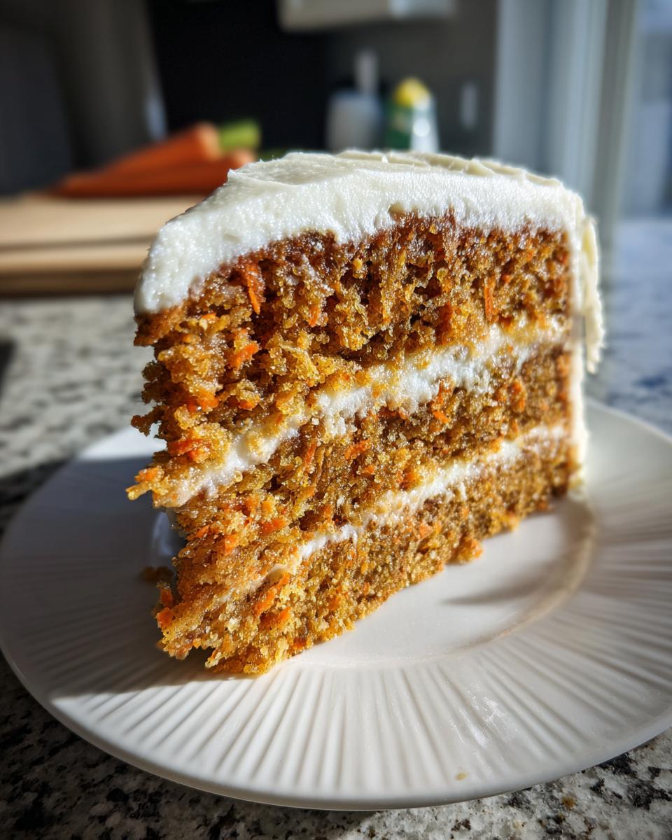 A thick, moist slice of three-layer carrot cake topped with white cream cheese frosting, sitting on a white plate.