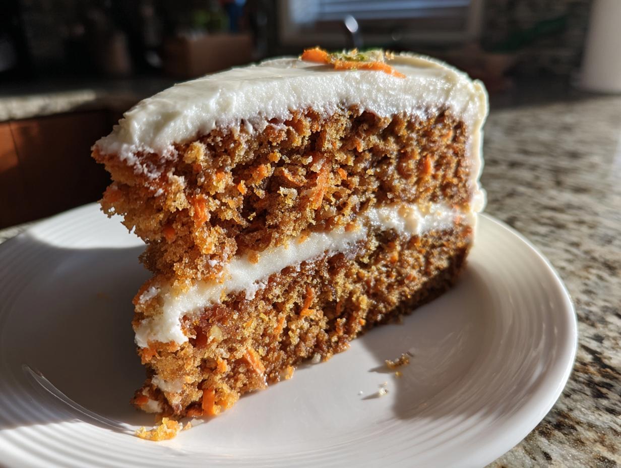 Close-up of a moist slice of two-layer carrot cake with thick cream cheese frosting.