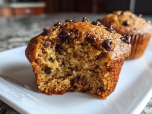 Close-up of a chocolate chip banana muffins cut in half showing the moist, fluffy interior texture.