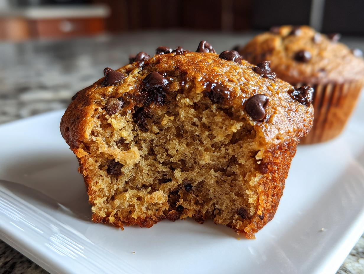 Close-up of a chocolate chip banana muffins cut in half showing the moist, fluffy interior texture.