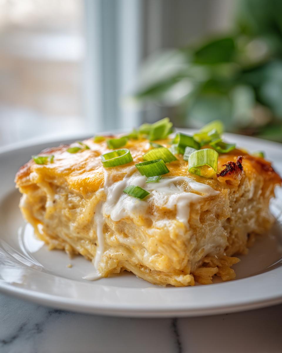 A square serving of creamy Monterey chicken spaghetti topped with melted cheddar and green onions.