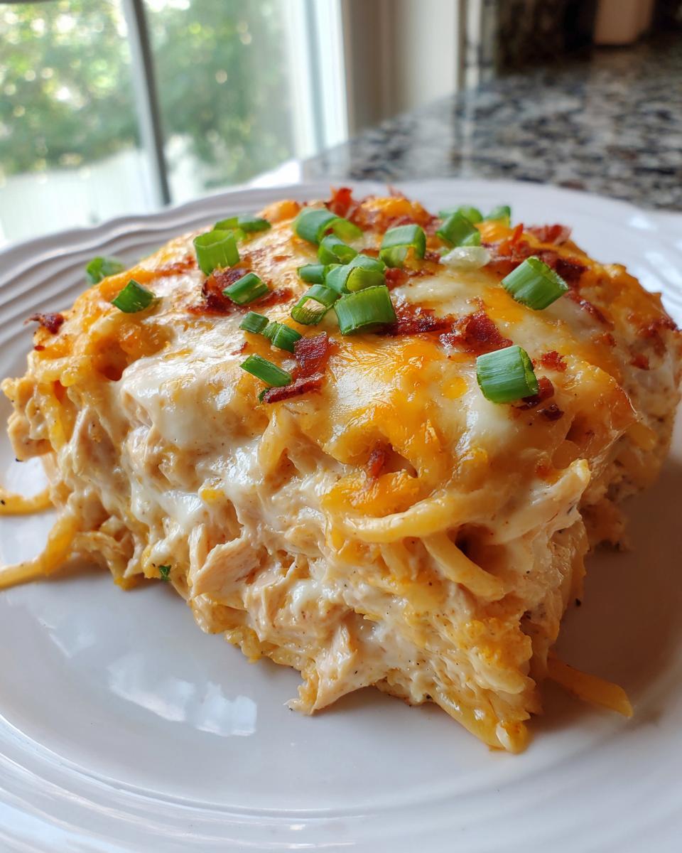 A generous slice of creamy monterey chicken spaghetti topped with melted cheese, bacon bits, and green onions.