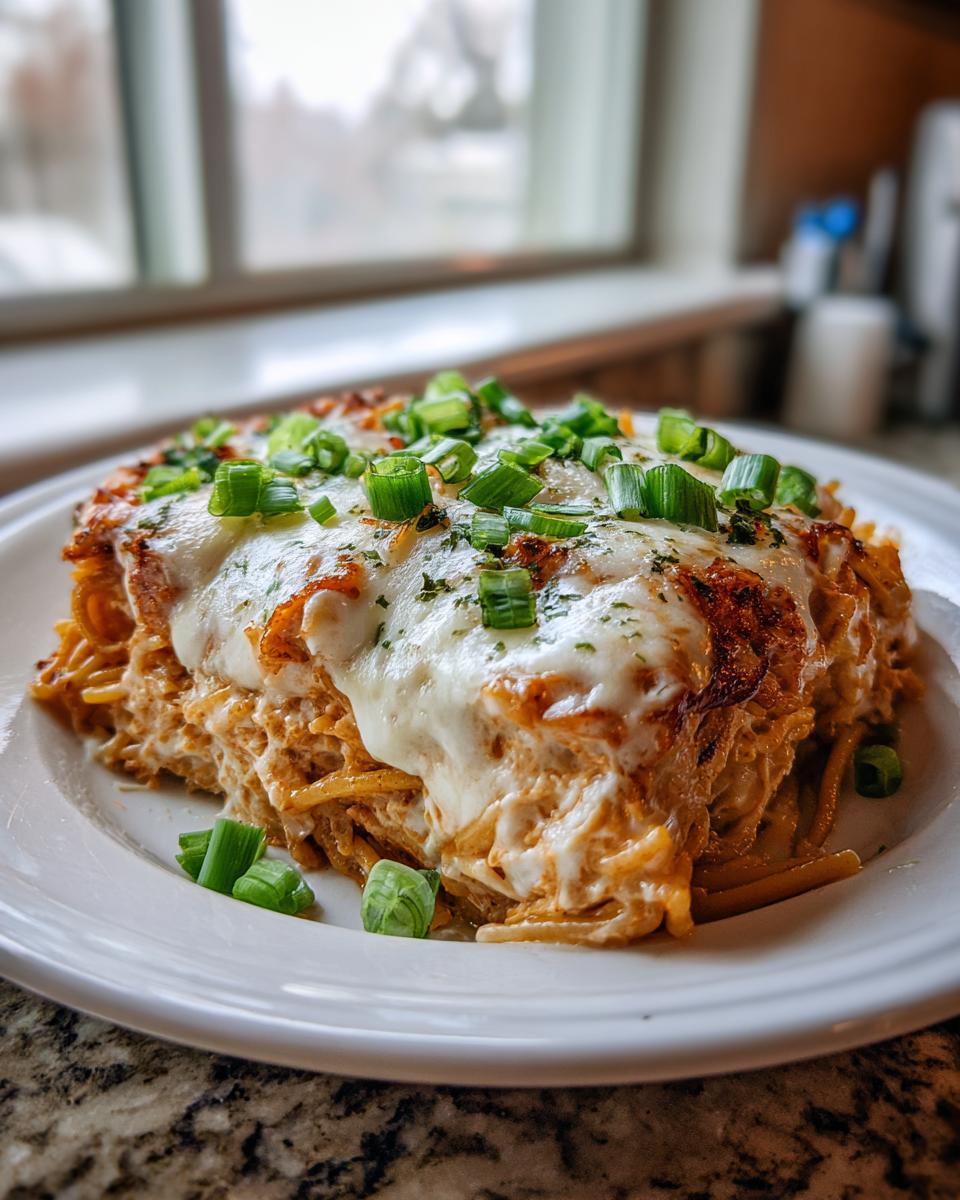 A generous slice of baked monterey chicken spaghetti topped with melted white cheese and green onions.