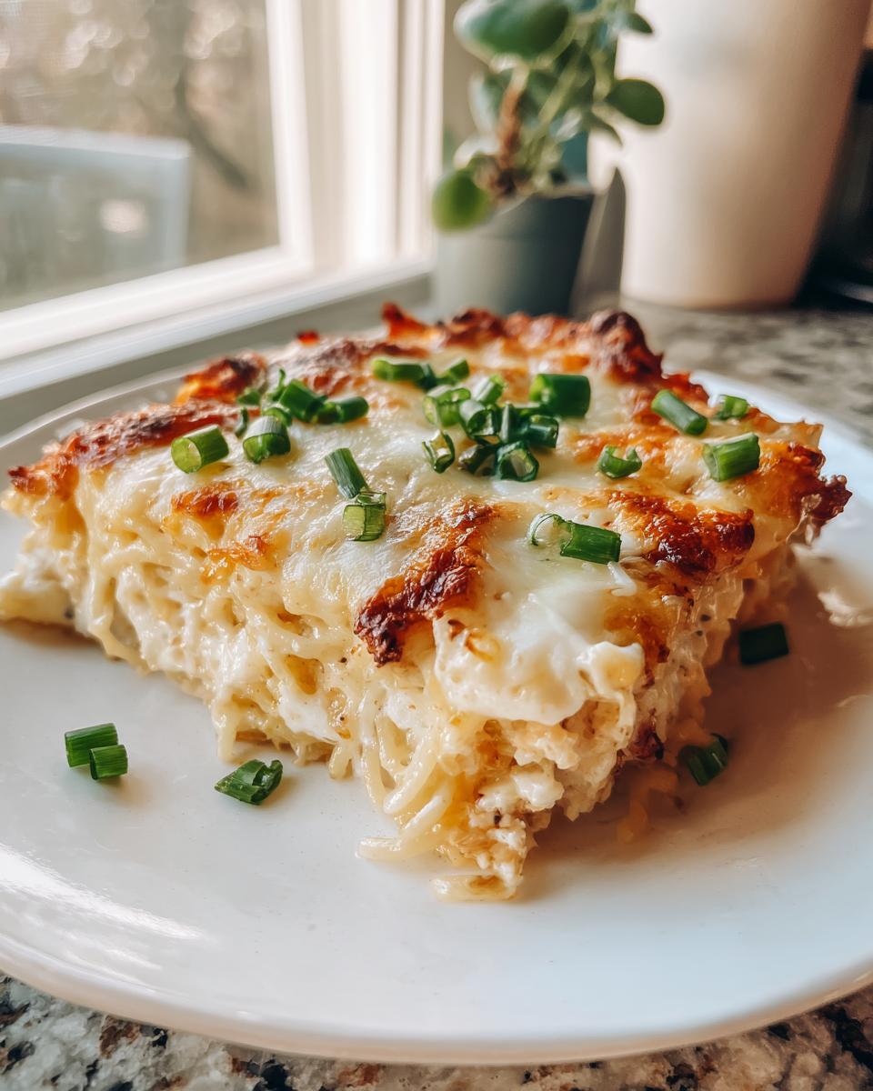 A square serving of creamy monterey chicken spaghetti topped with melted, browned cheese and fresh chives.