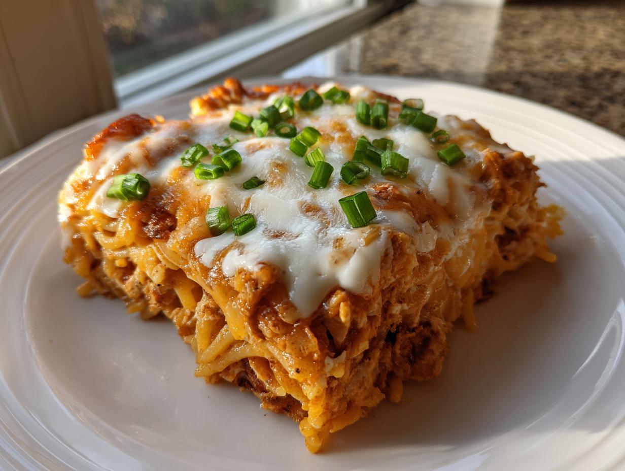 A square serving of baked monterey chicken spaghetti topped with melted white cheese and sliced green onions.