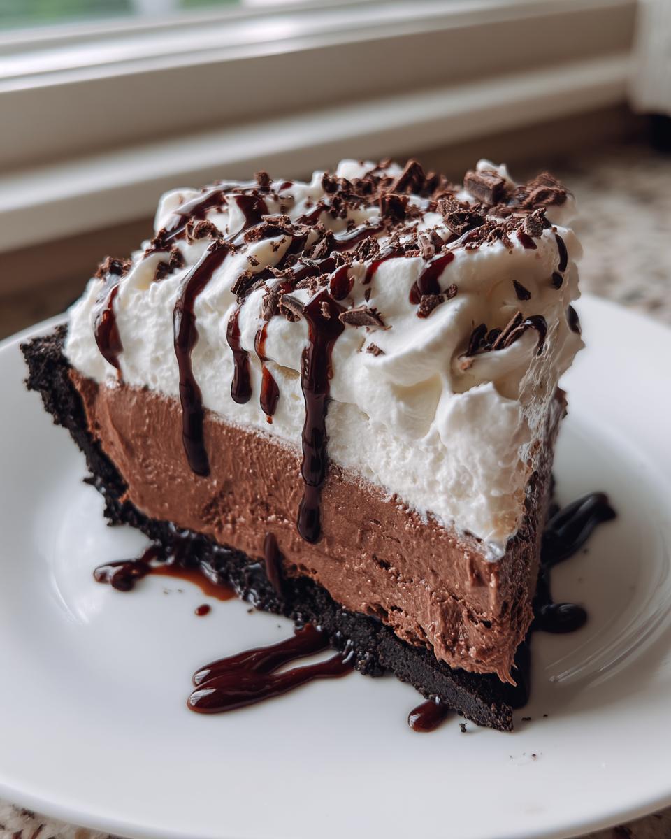 A decadent slice of no-bake Mississippi Mud Pie featuring a dark crust, chocolate filling, whipped cream, and chocolate drizzle.
