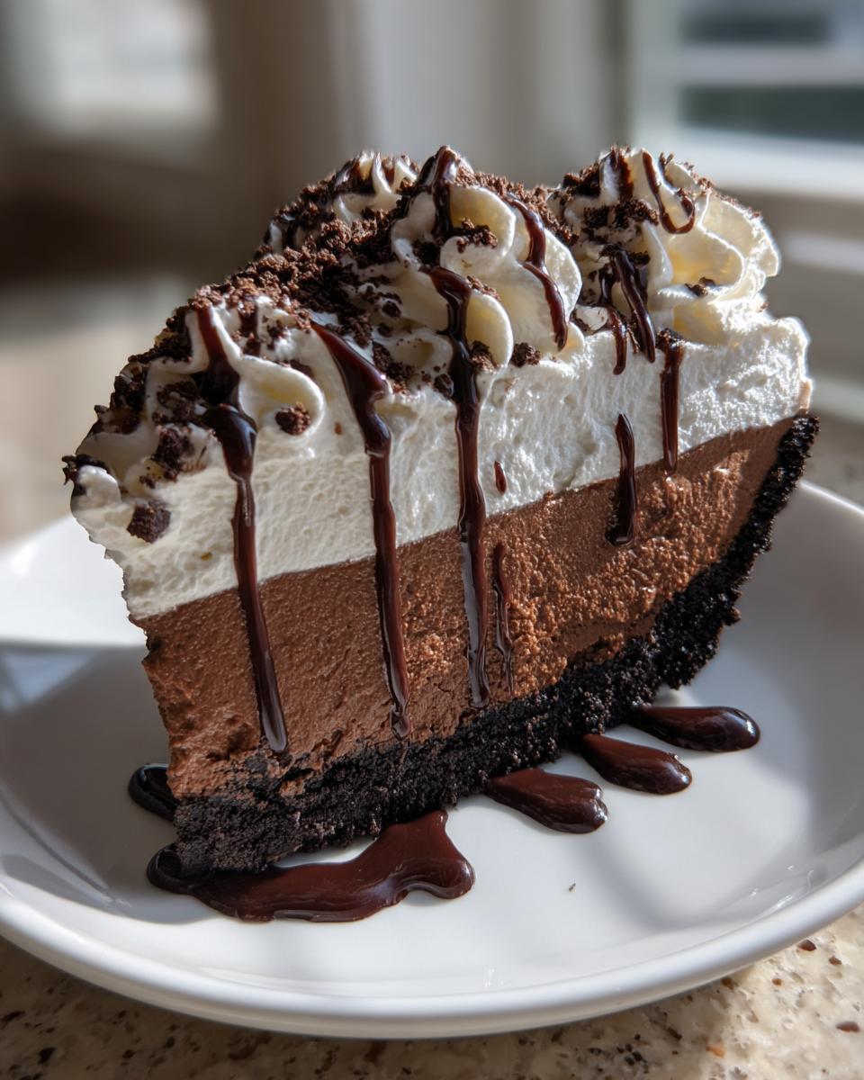 A decadent slice of no-bake Mississippi Mud Pie featuring a dark crust, two chocolate layers, and topped with whipped cream and chocolate drizzle.