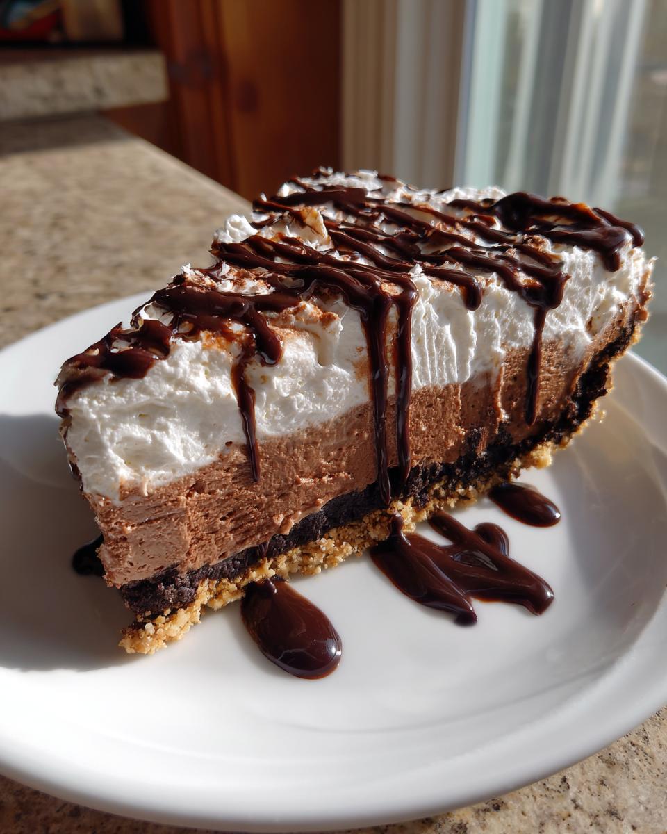 A rich slice of no-bake Mississippi mud pie showing chocolate mousse, whipped cream, and chocolate syrup drizzle.