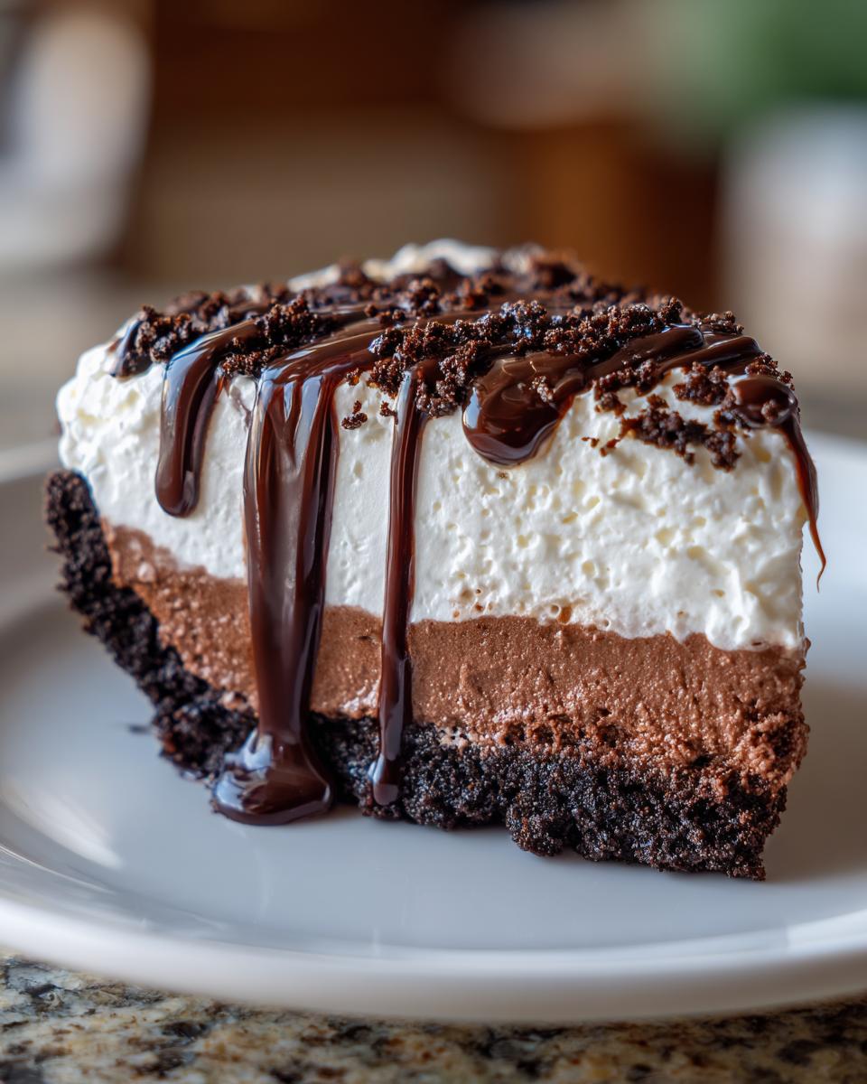 A decadent slice of no-bake Mississippi Mud Pie featuring a chocolate crust, mousse layer, whipped topping, and chocolate fudge drizzle.