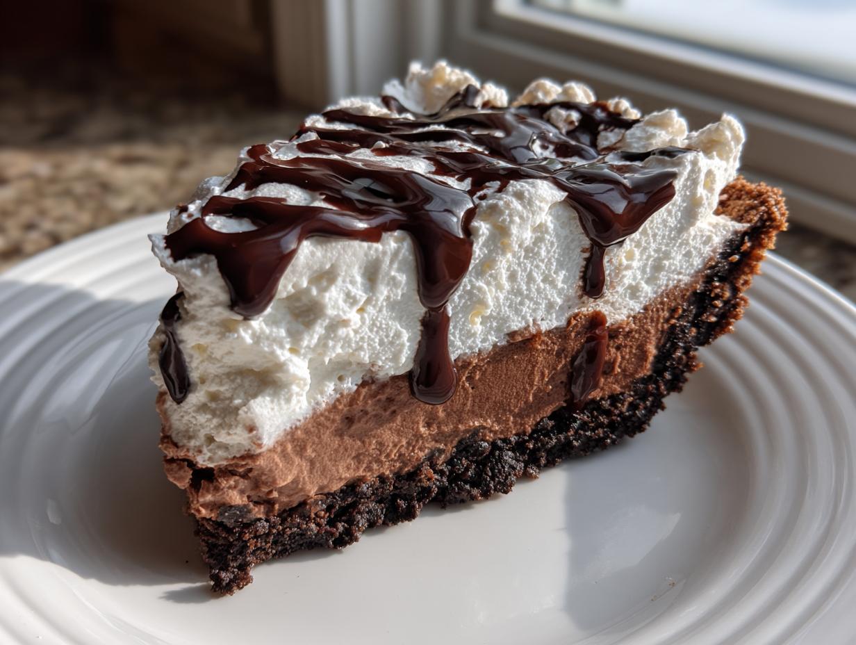 A tall slice of no-bake Mississippi mud pie featuring a dark crust, chocolate mousse, whipped cream, and chocolate syrup.